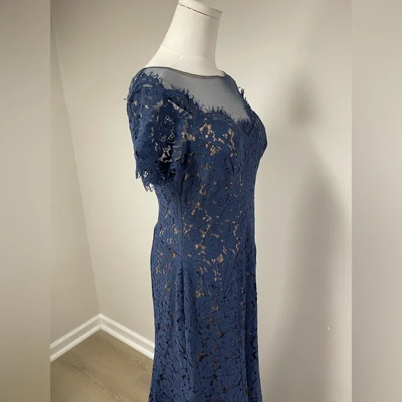 NWT Rene Ruiz Illusion Lace Floral Gown Navy Blue Size 6 - Picture 8 of 16